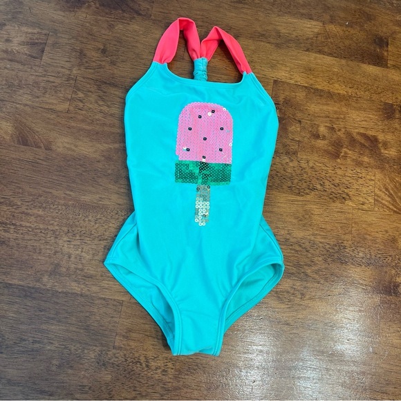 Cat & Jack teal watermelon sequin swimsuit xs 4/5 - Picture 1 of 6